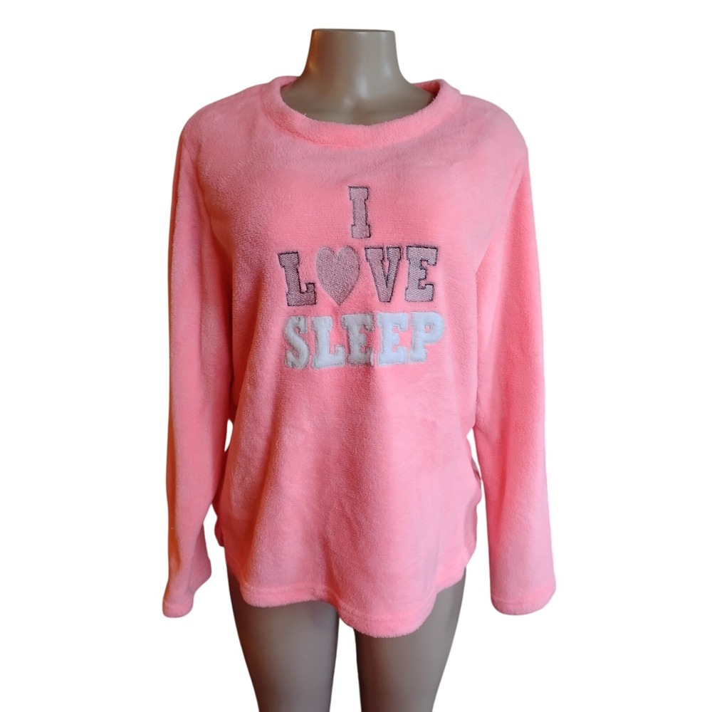 Just Be I Love Sleep Pajama Top Pink Fuzzy Fleece Long Sleeve Crew Neck Large